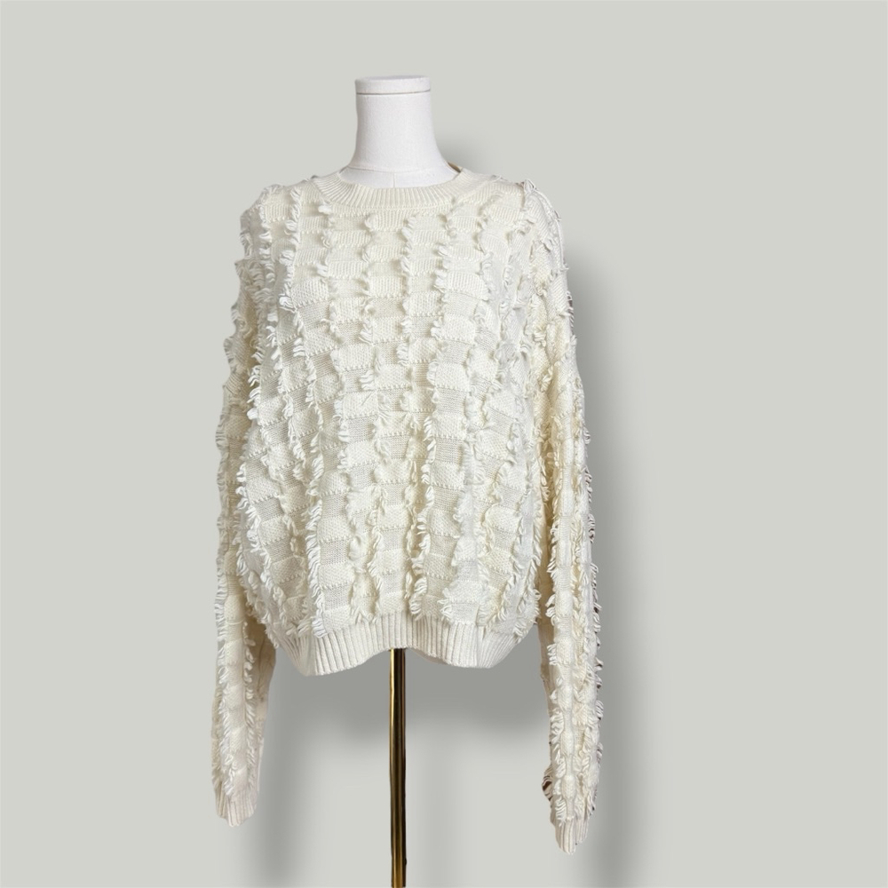 Beige Sweater Women Size Medium Oversized Wool Pullover Longsleeves Fringe Boho - Picture 2 of 16